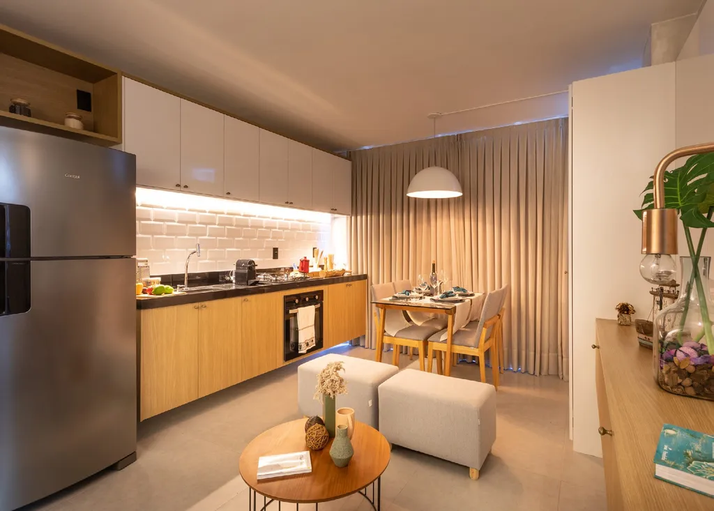 Cozinha e sala de jantar de um flat do Urban 750