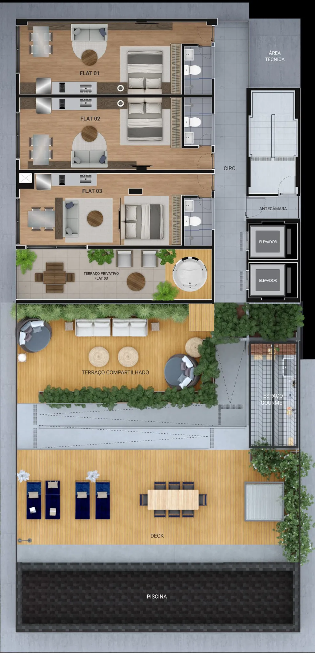 Planta baixa Cobertura do Urban 750, flats com terraço e piscina compartilhada