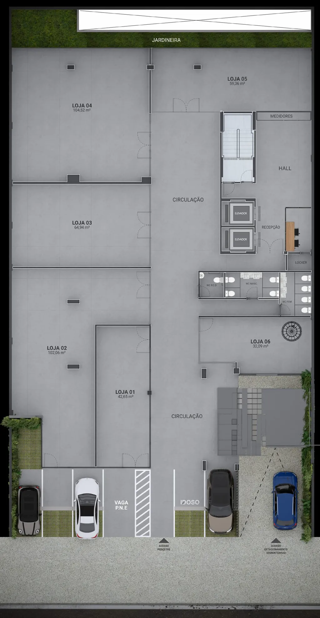 Planta baixa Pavimento Térreo do Urban 750, galeria de 6 lojas e recepção