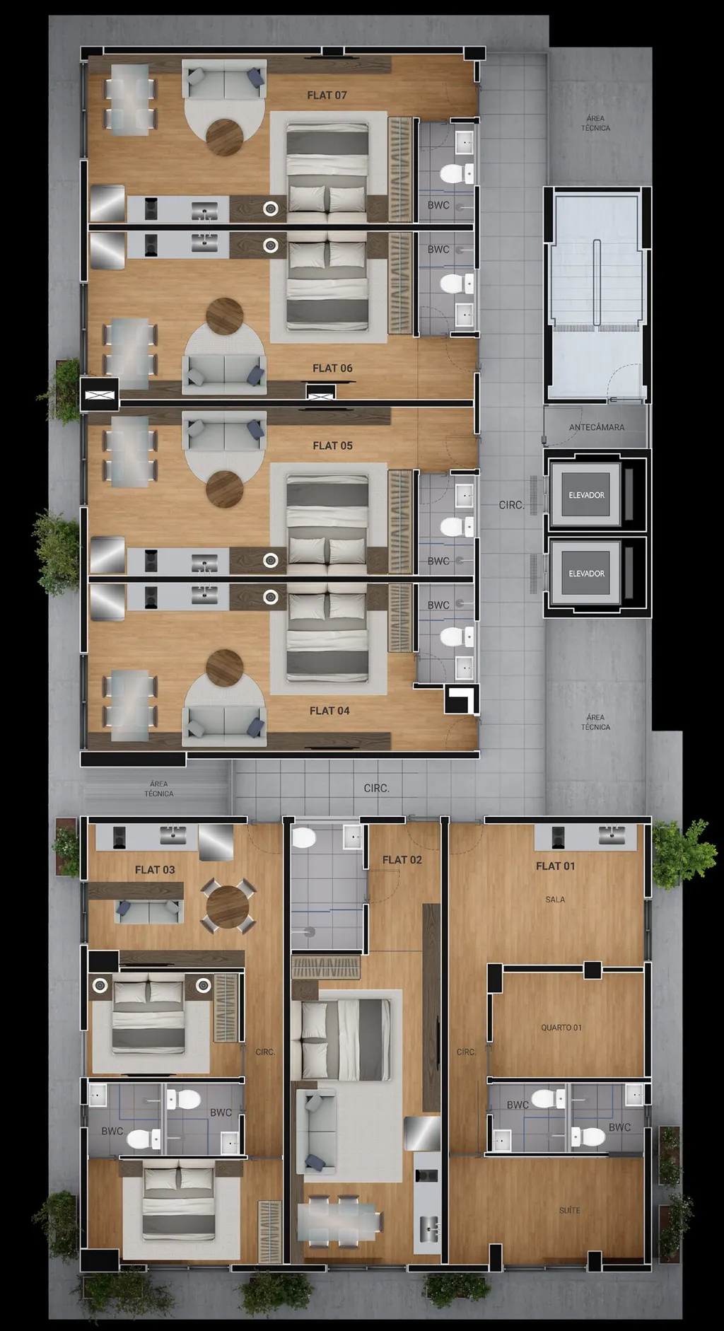Planta baixa Pavimento Tipo do Urban 750, flats 01 a 07