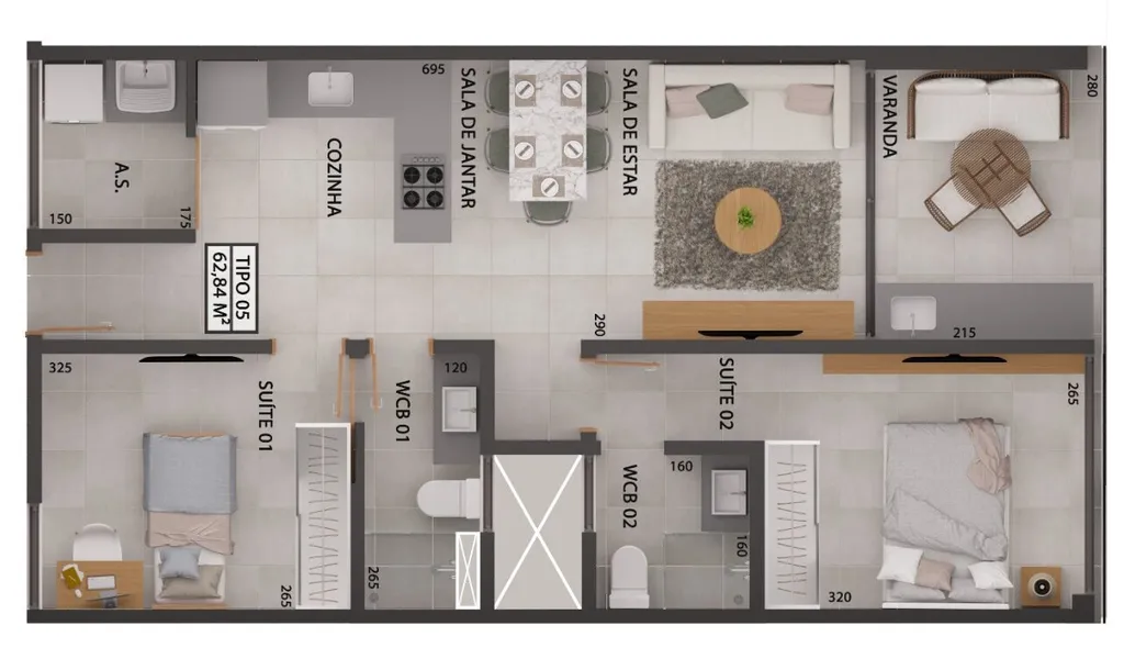Planta baixa do apartamento de 62m², nascente — Gameleira Jardins