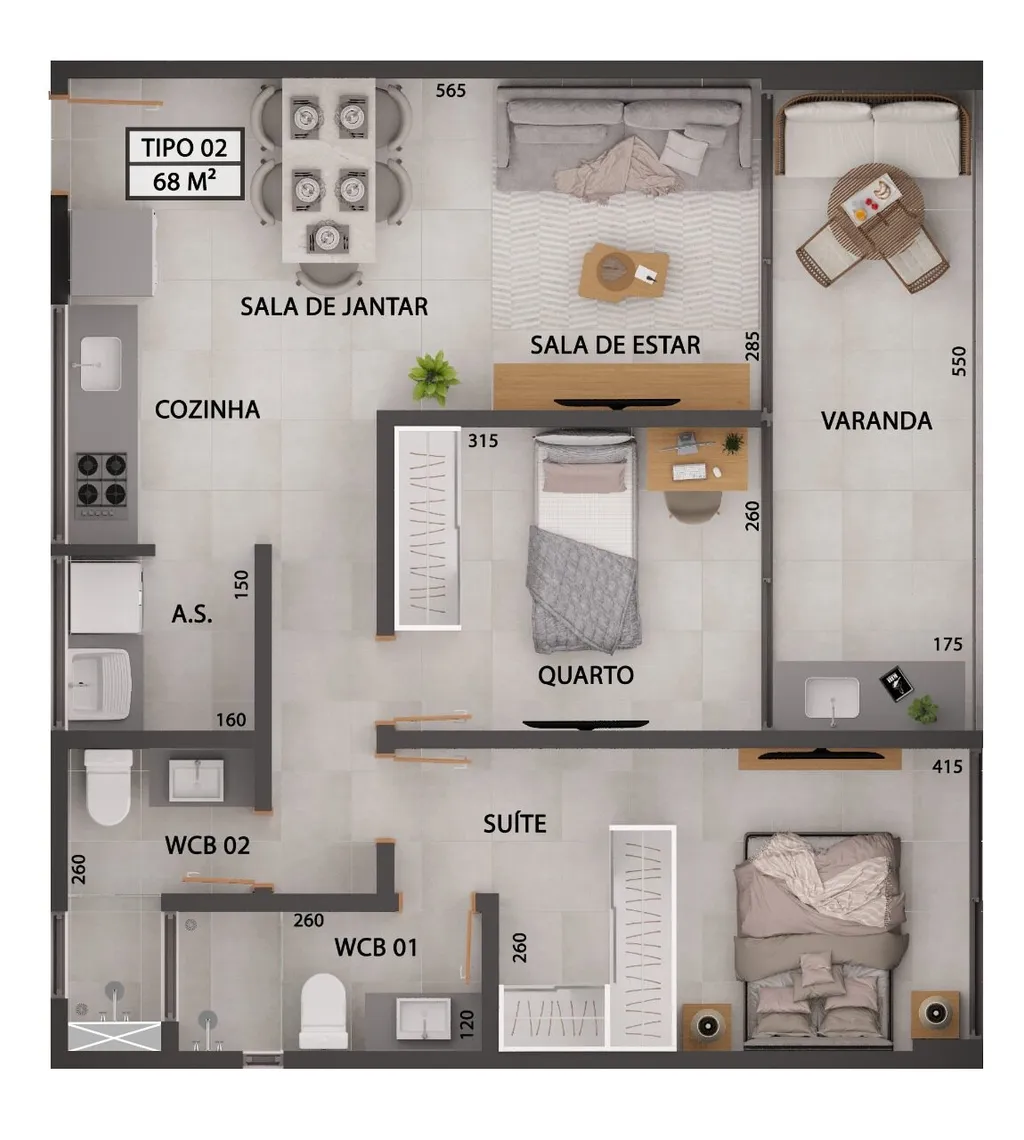 Planta baixa do apartamento de 68m², norte e sul — Gameleira Jardins
