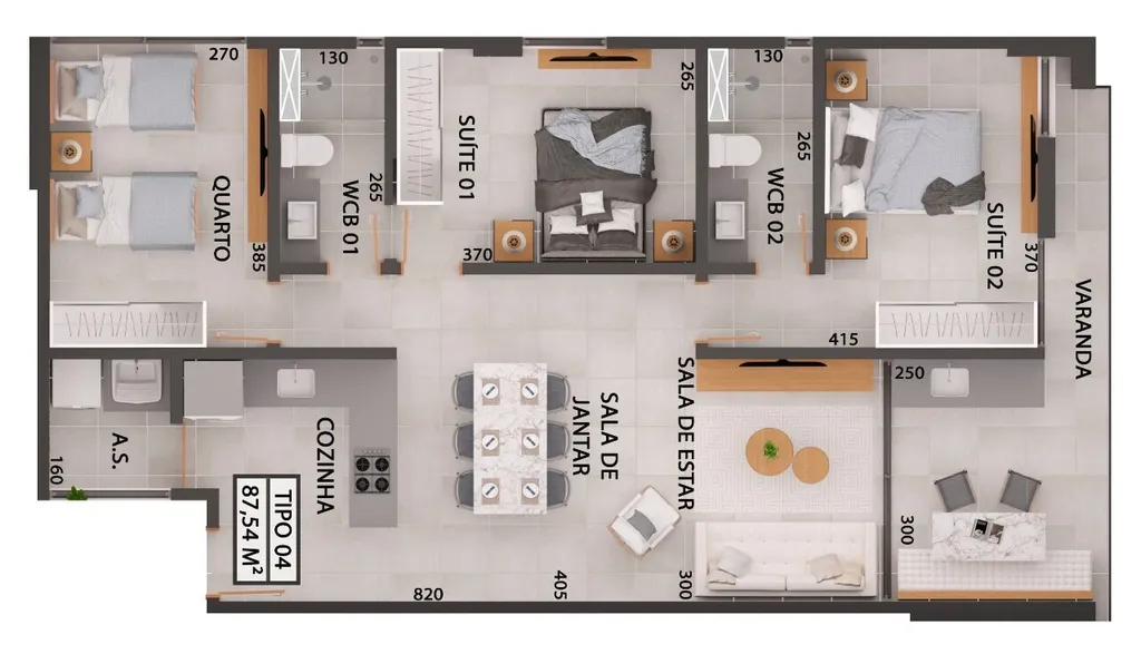 Planta baixa do apartamento de 87m², nascente norte e sul — Gameleira Jardins