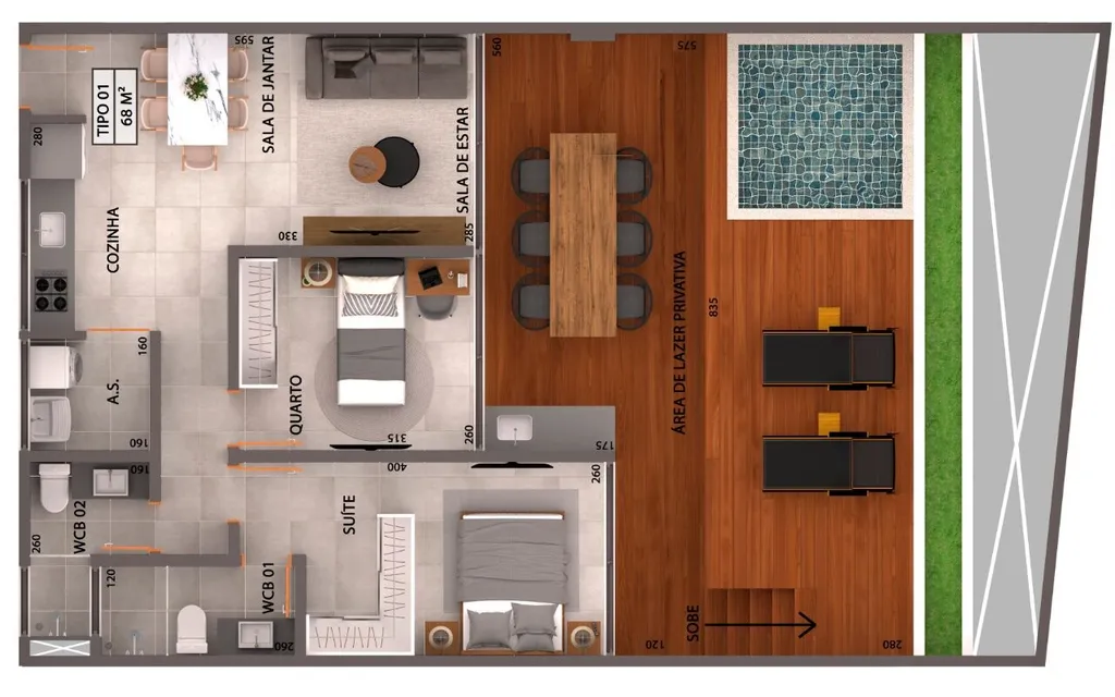 Planta baixa do apartamento garden térreo de 108m², sul — Gameleira Jardins